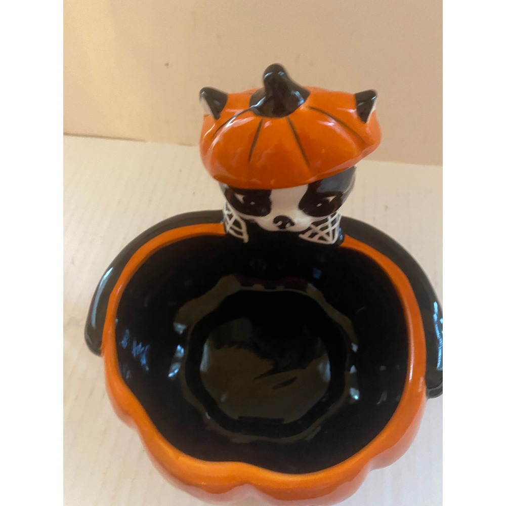 Jack O'Lantern Lane Halloween Boston Terrier Puppy Pumpkin Ceramic Candy Bowl - Picture 2 of 6